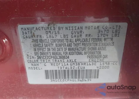 2016 Nissan Versa Note S (Sr)/S Plus/Sl/Sr/Sv из США, поврежденный, VIN 3N1CE2CP4GL360634